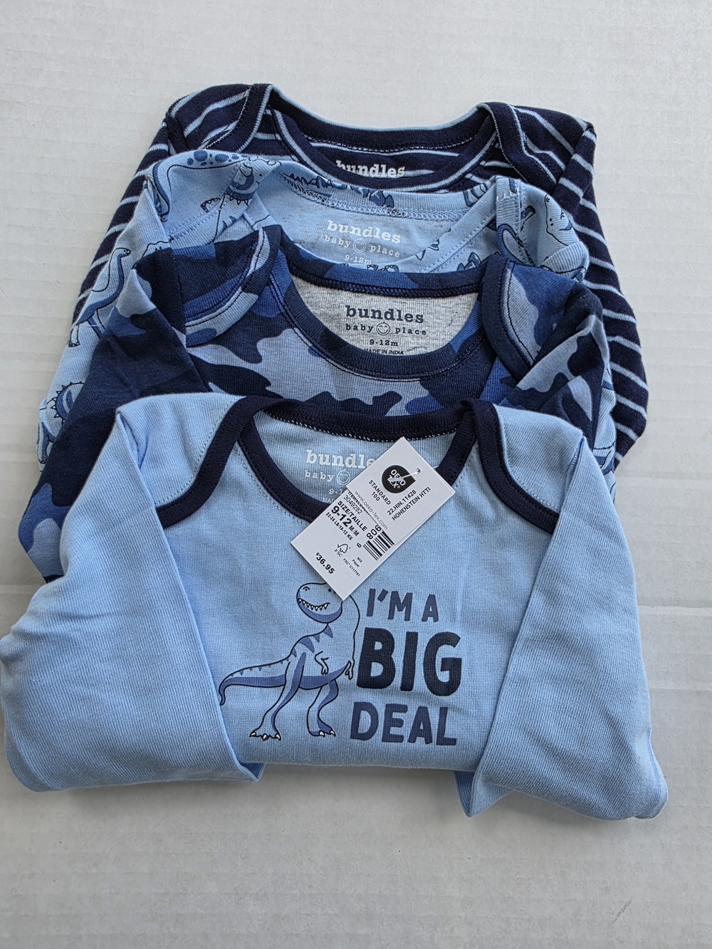 NWT Bundles Baby Place 4-Pack Long Sleeve Bodysuits 9-12M Dinosaur Blue
